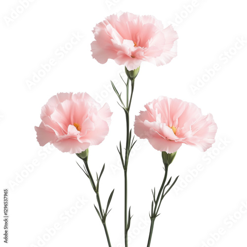  Delicate pink carnations in full bloom, cut out on white or transparent background