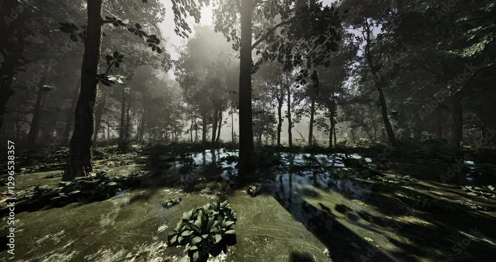 Sunlight streams through tall trees in a serene forest, creating a mystical atmosphere. The ground is covered with lush vegetation and shallow water reflecting the light.