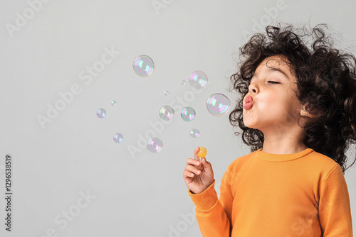 Minimalistic shot of a joyful Indian child blowing soap bubbles on a clean white background,