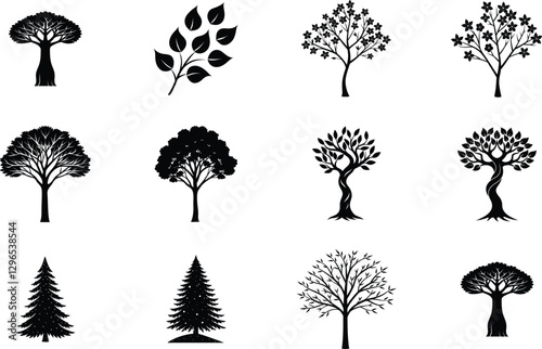 Silhouette Tree Icons Collection of Diverse Black Tree Graphics