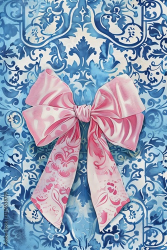 Watercolor Pink Bow on Spanish and Moroccan Tile Background Trendy Chinese Porcelain Style, Perfect for Elegant Stationery, Textile Patterns, and Home Decor. Generative AI