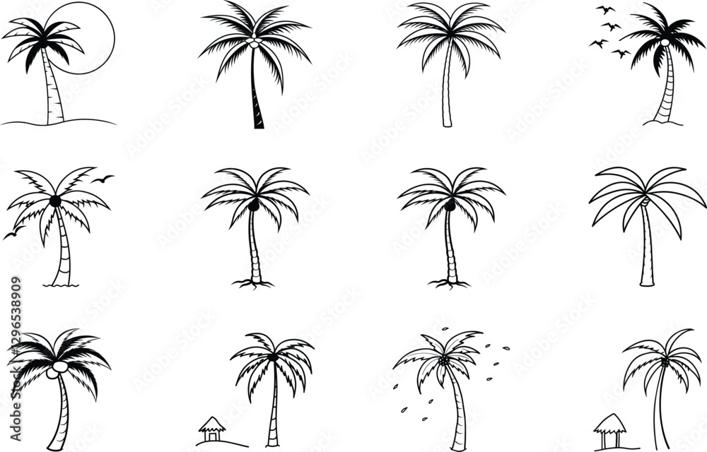 Fototapeta premium Twelve Simple Palm Tree Sketches Variations, Styles, and Scenes