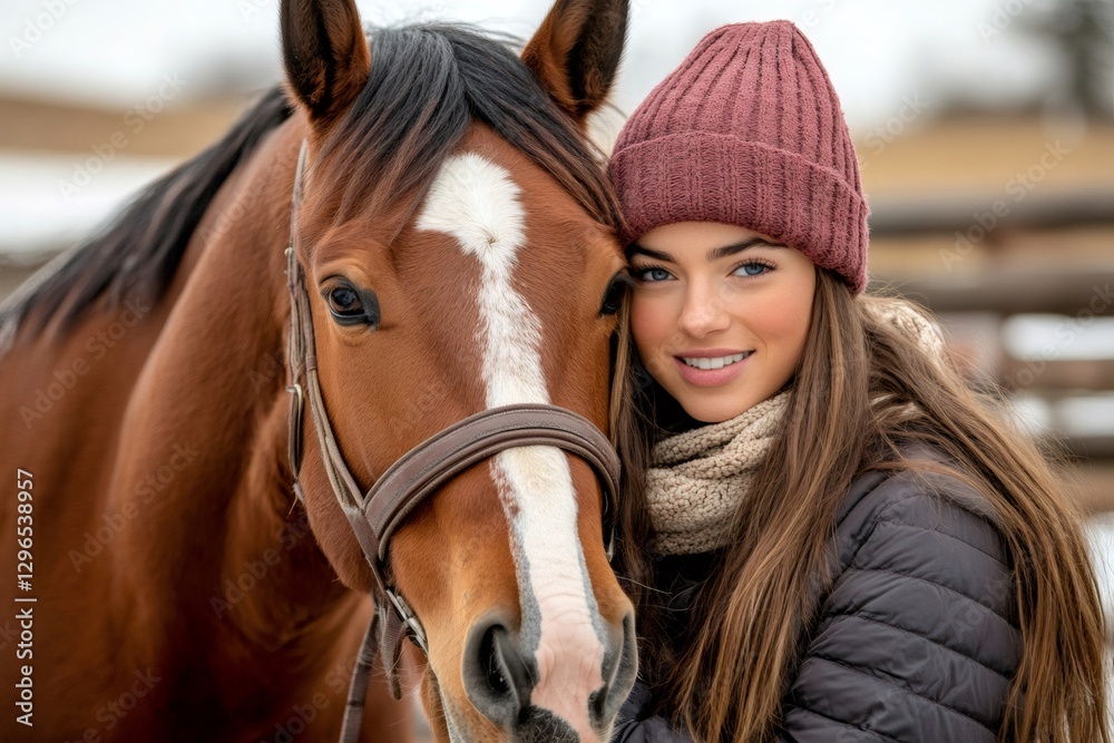 Fototapeta premium Young woman embracing her horse in winter at a ranch