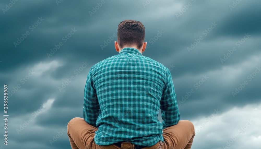 A man sits contemplatively against a backdrop of dark, ominous clouds. A man sits contemplatively against a backdrop of dark, ominous clouds.