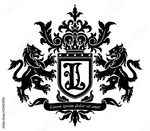 Vector black and white coat of arms with lions, crown and ribbon.