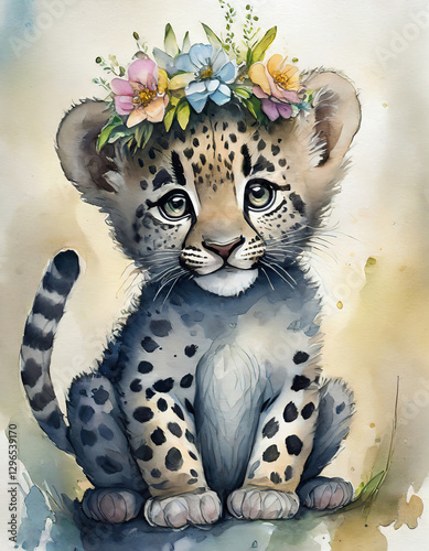 Watercolor Beautiful cartoon Leopard with a crown of flowers. Cute wild animals character drawing illustration poster printable. Whimsical Cat Cute Wild Animal Drawing, Printable Poster. Generative AI