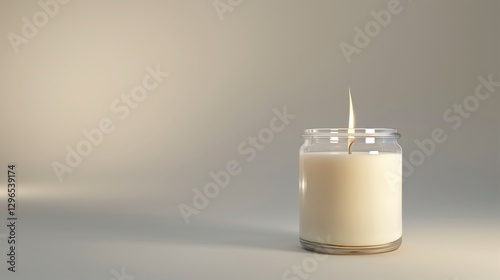 A single white candle in a glass jar, unlit, placed on a seamless white background.