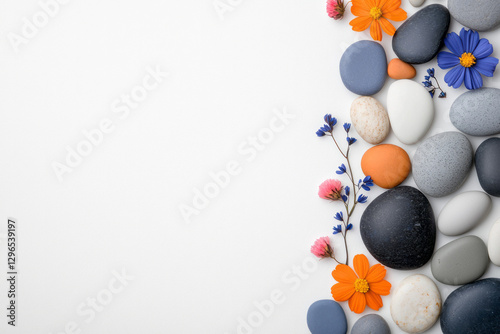 Editorial-style arrangement displaying native wildflowers and natural stones, set neatly on a white photo