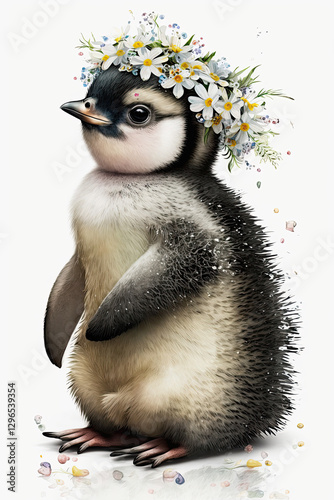 Watercolor Beautiful Cartoon Penguin with a Flower Crown – Cute Wild Animal Character Drawing, Illustration Poster, Printable Art. Created AI