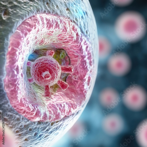 Microscopic view of a cell with intricate structures and vibrant colors.