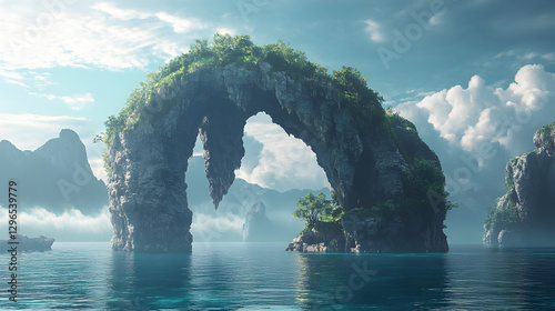 stone archway floating above the ocean, leading to a world of floating islands 