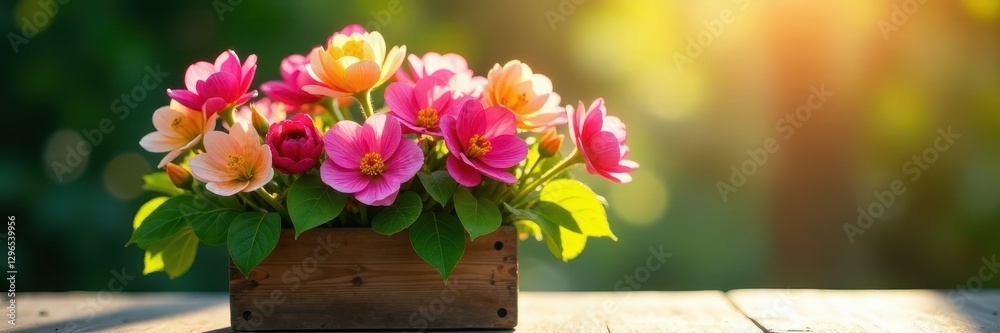 Fototapeta premium Sunlit arrangement of vibrant spring blooms in an aged wooden container , country, bouquet, pink