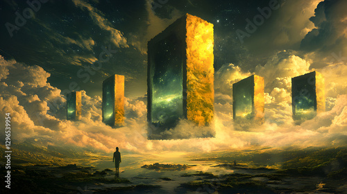 landscape where multiple portals float in the sky, each leading to different realities 