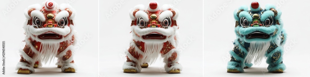 Naklejka premium Three hyper-realistic, highly detailed photographs of a Chinese lion dance, set against a white background
