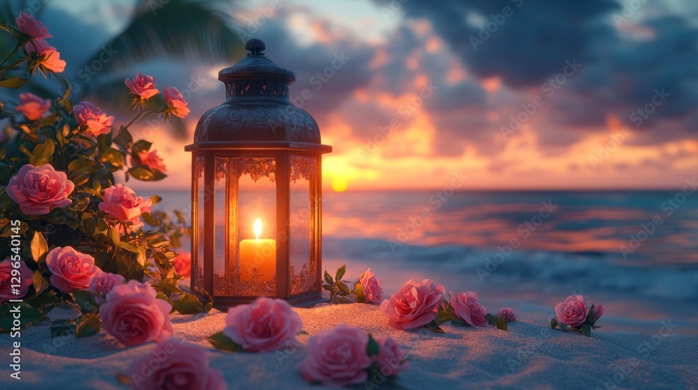 Fototapeta premium Romantic sunset beach scene with lit lantern and pink roses.