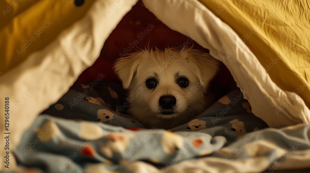 Obraz premium Stuffed dog peeking out from under a blanket fort