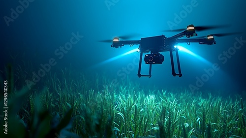 Drone Hovering Over Misty Field at Night, A drone with bright lights hovers over a misty field at night