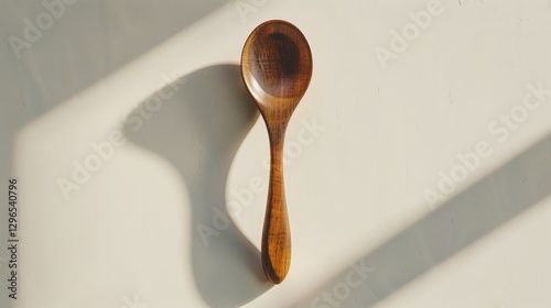 A single wooden spoon with a smooth, polished surface, resting on a white background with soft shadows.