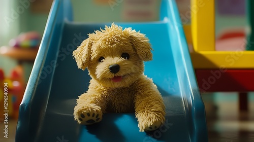 Stuffed dog playing on a toy slide