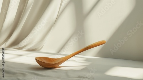 A single wooden spoon with a smooth, polished surface, resting on a white background with soft shadows.
