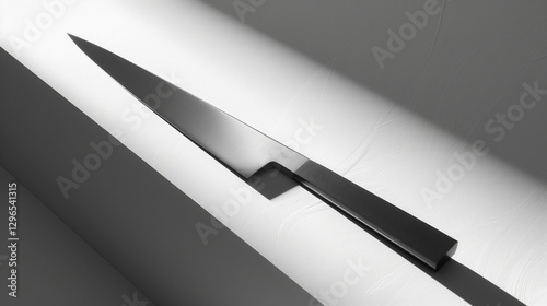 A sleek stainless steel kitchen knife with a sharp blade and a black handle, positioned diagonally on a clean white surface.