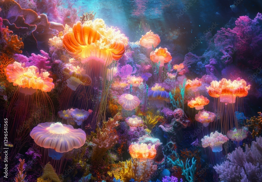 Obraz premium Vibrant Jellyfish Display in Colorful Underwater Coral Reef Scene