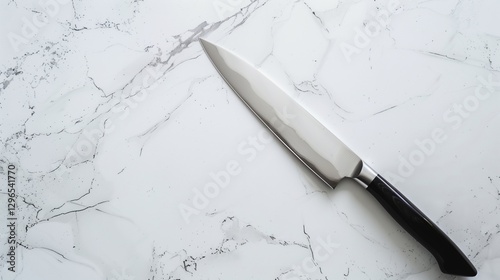 A sleek stainless steel kitchen knife with a sharp blade and a black handle, positioned diagonally on a clean white surface.