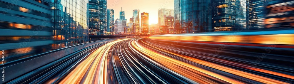 Obraz premium A vibrant cityscape at sunset, showcasing light trails from moving vehicles against tall buildings and a colorful sky.
