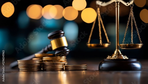 A gavel rests beside a stack of coins, with a balance scale in the background, symbolizing justice and financial matters.