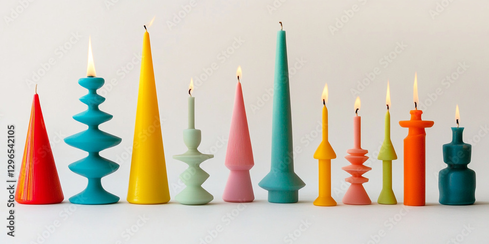Collection of vibrant geometric candles in bold colors with modern abstract shapes on a neutral background Collection of vibrant geometric candles in bold colors with modern abstract shapes on a neutral background