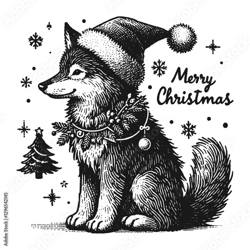 Wolf Christmas line art drawing ink sketch vector hand drawn illustration background