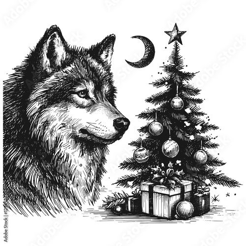 Wolf Christmas line art drawing ink sketch vector hand drawn illustration background