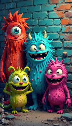 Vibrant cartoon monsters on grunge brick wall, wall, monsters, background