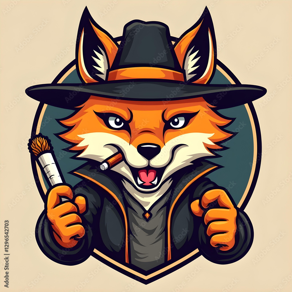 Modern orange fox mascot logo with a hat and cigar for gaming teams, cyber players, and social networks