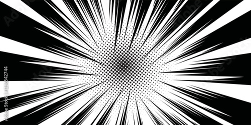 Speed lines in frame for manga comics book. Radial motion background with flash and lightning. Monochrome explosion and flash glow. Vector