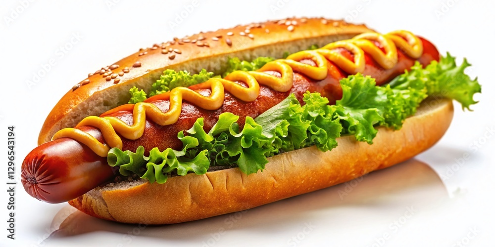 Juicy Grilled Hot Dog Isolated on White Background - Perfect for Menu Design Juicy Grilled Hot Dog Isolated on White Background - Perfect for Menu Design