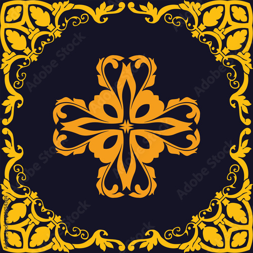 Gilded floral elements and patterns on black stencil in retro style. seamless, vector illustration. Can be used as a background for cards, printed materials, textiles, carpet, cloth, wallpaper