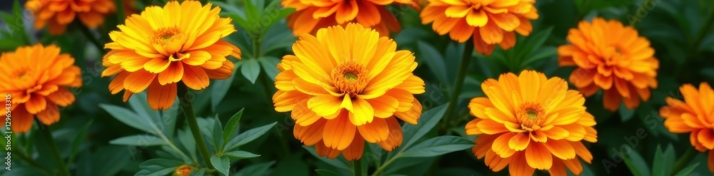 Vibrant marigolds, rich orange and yellow hues, lush green leaves , close-up, flowering, petals Vibrant marigolds, rich orange and yellow hues, lush green leaves , close-up, flowering, petals