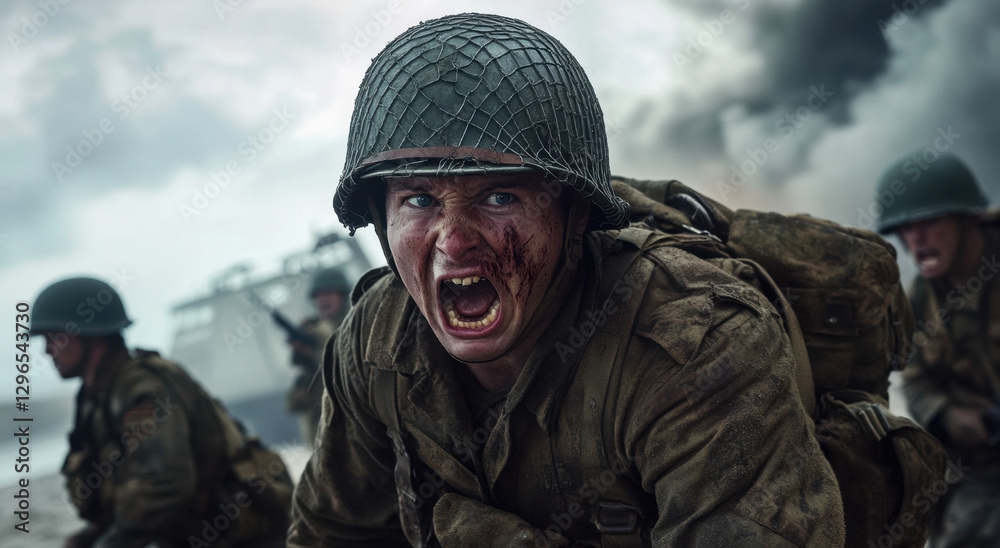 Obraz premium A soldier, visibly injured and helmetless, screams in agony amidst a chaotic battlefield. Others scramble nearby, highlighting the urgent and intense atmosphere of war