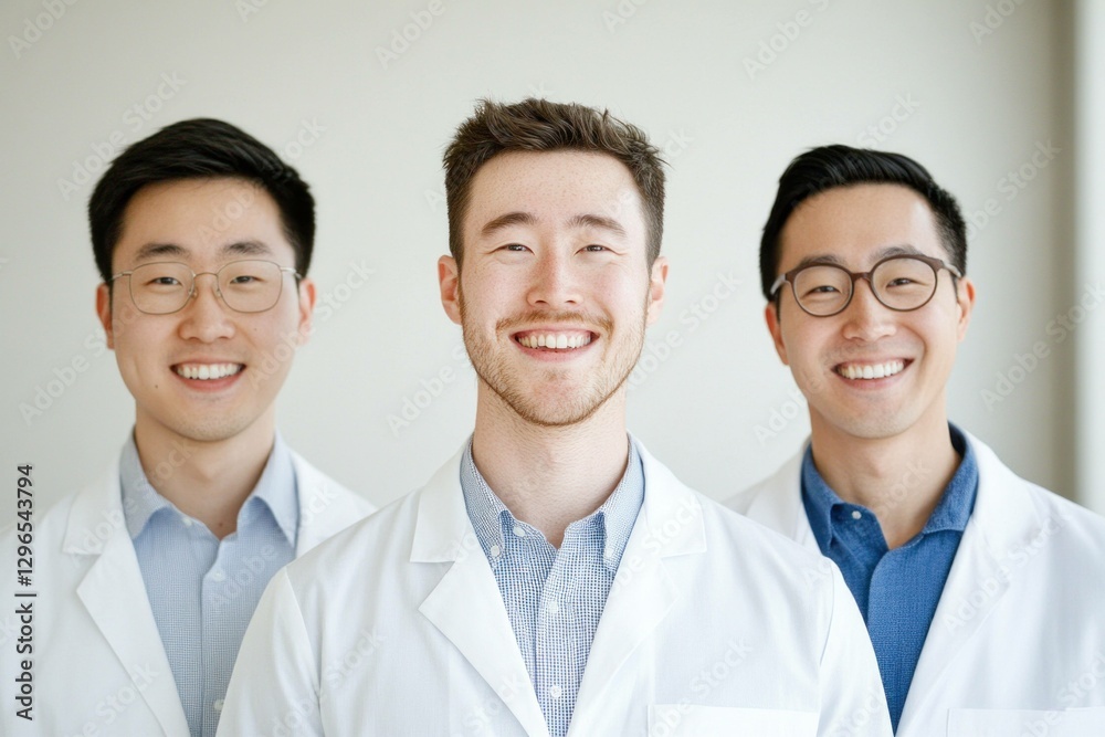 Smiling male doctors in medical coats, showcasing teamwork and professionalism, with diverse backgrounds, bright colors, against a neutral backdrop
