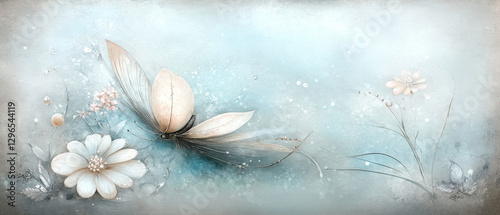 A soft, dreamy illustration featuring delicate flowers and a butterfly against a serene blue background.