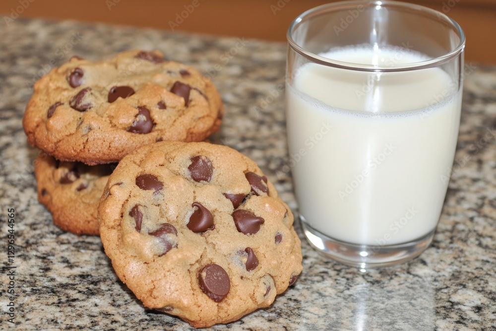 A glass of milk with freshly baked chocolate chip cookies beside it A glass of milk with freshly baked chocolate chip cookies beside it