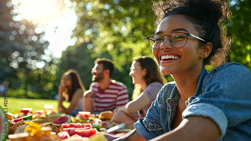 Friends relishing a sunny park picnic with juicy watermelon and tasty treats. Friends relishing a sunny park picnic with juicy watermelon and tasty treats.