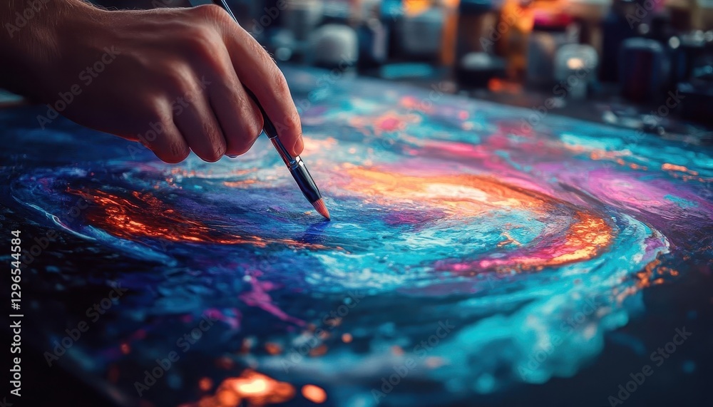 Obraz premium A digital artist creating a painting using holographic tools and neonlit brushes, Art, SciFi, Bright and modern