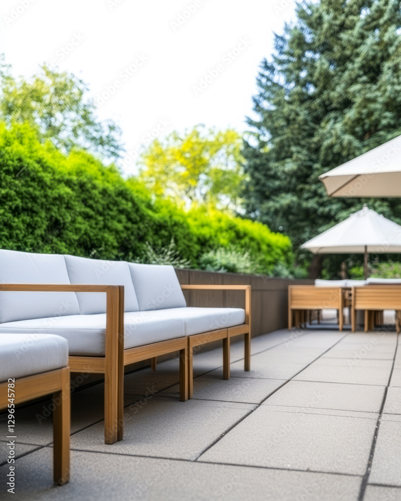 Fototapeta premium Outdoor lounge area featuring modern furniture amidst lush greenery and sunny ambiance