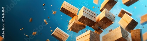 Dynamic explosion of wooden blocks floating in a vibrant blue background, showcasing the concept of creativity and playfulness in modern design
