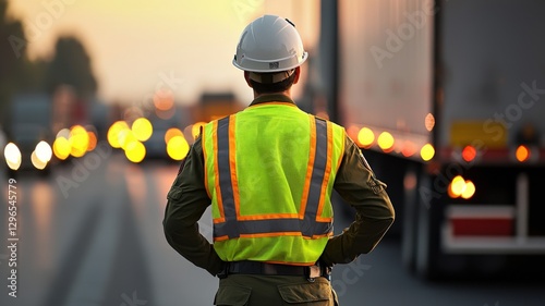 A construction worker in a reflective vest and hard hat stands by the roadside, observing traffic under a sunset sky. photo