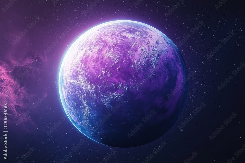 Obraz premium Purple planet glowing in a starry sky background