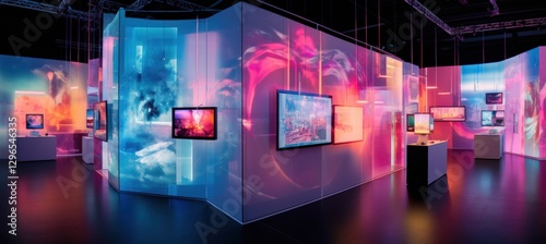 Futuristic abstract of business convention, demonstration booth product in neon color. AI generated