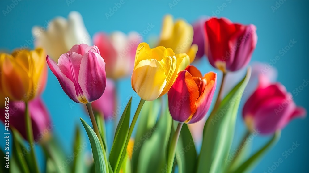 Vibrant spring tulips in full bloom on a bright blue background, showcasing a variety of colors like red, yellow, pink, and purple.
Vibrant spring tulips in full bloom on a bright blue background, showcasing a variety of colors like red, yellow, pink, and purple.